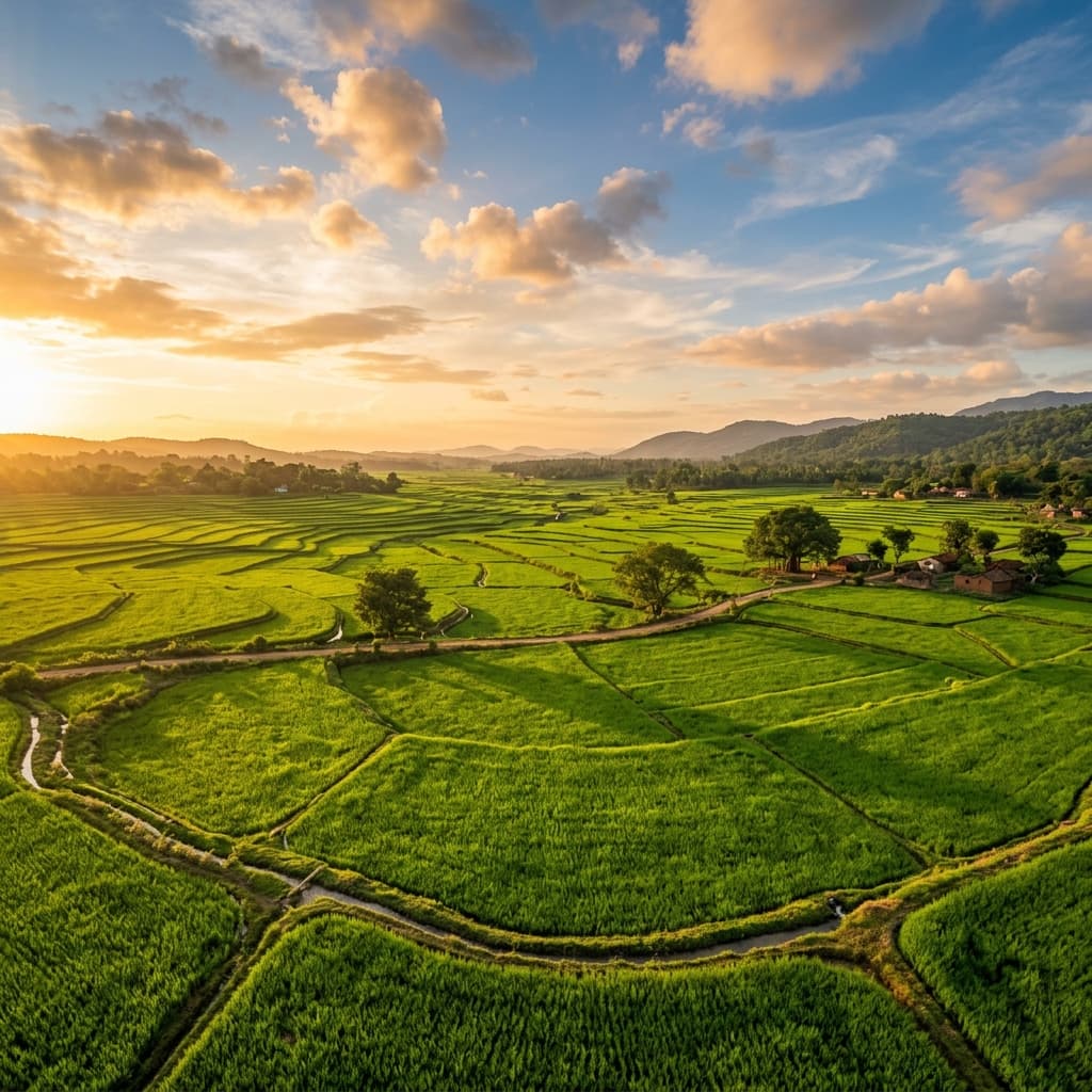 Lush green farmland at golden hour